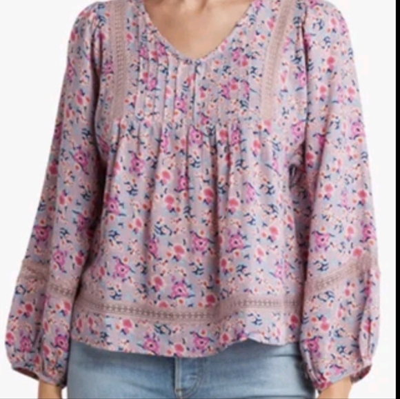 Lucky Brand Rose Print Pintucket Woven Boho Peasant  Blouse baloon Sleeves XXL - Picture 1 of 7